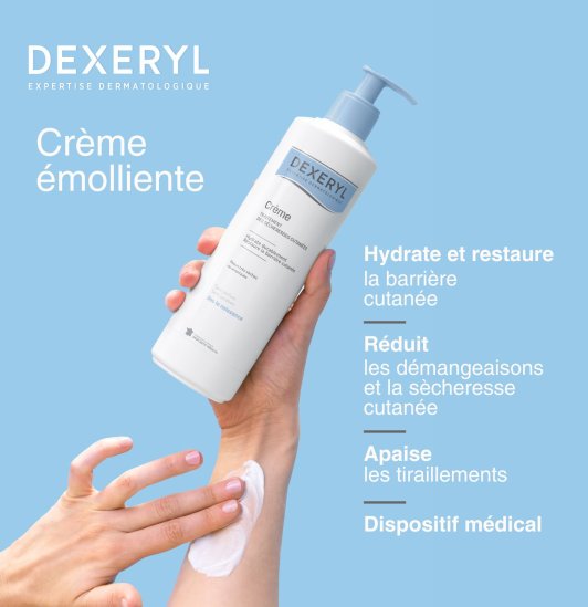 Crème émolliente. Hydrate et restaure la barrière cutanée. Réduit les démangeaisons et la sècheresse cutanée. Apaise les tiraillements. Dispositif médical